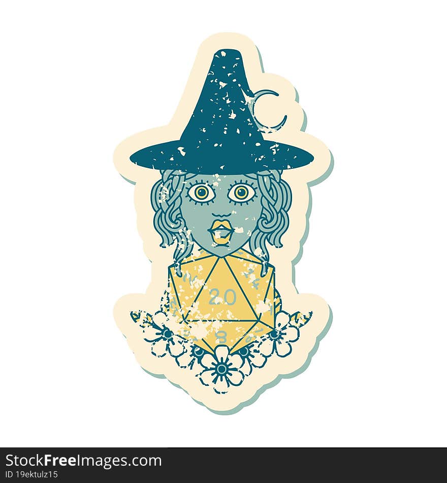 grunge sticker of a human witch with natural twenty dice roll. grunge sticker of a human witch with natural twenty dice roll