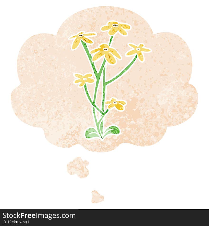 cartoon flower and thought bubble in retro textured style