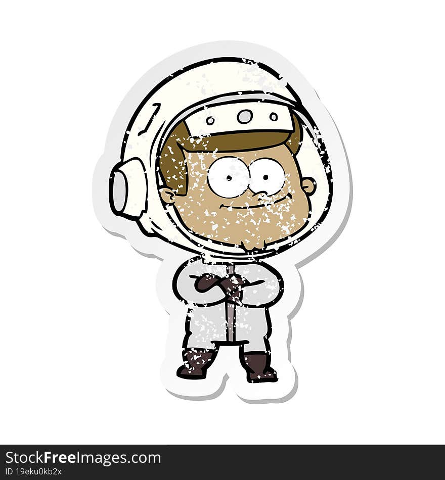 distressed sticker of a happy astronaut cartoon