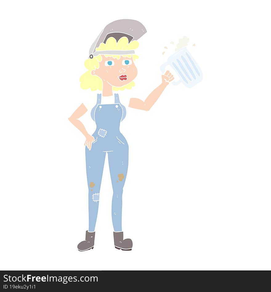 Flat Color Illustration Of A Cartoon Hard Working Woman With Beer