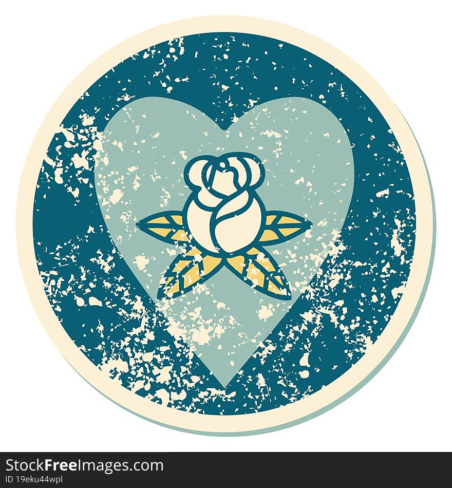 iconic distressed sticker tattoo style image of a heart and flowers. iconic distressed sticker tattoo style image of a heart and flowers