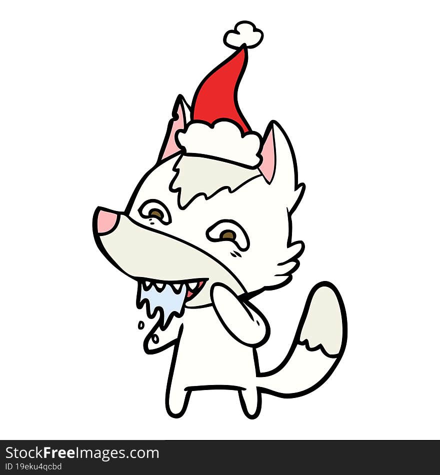 line drawing of a hungry wolf wearing santa hat