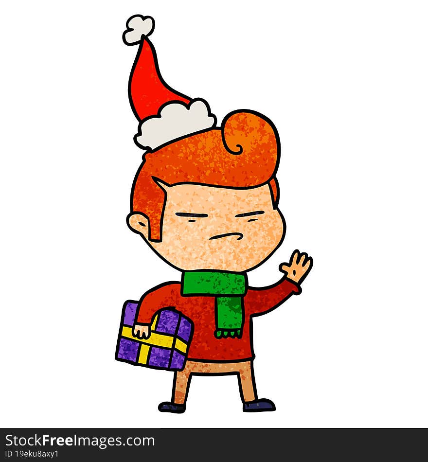 hand drawn textured cartoon of a cool guy with fashion hair cut wearing santa hat