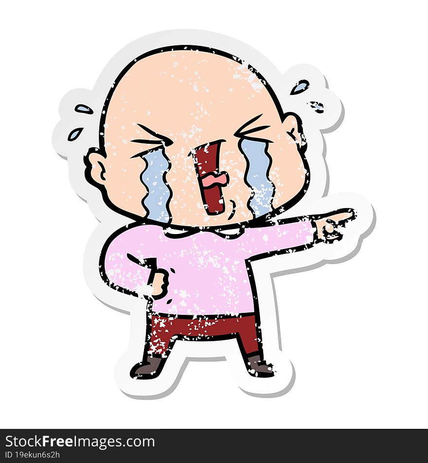 distressed sticker of a cartoon crying bald man