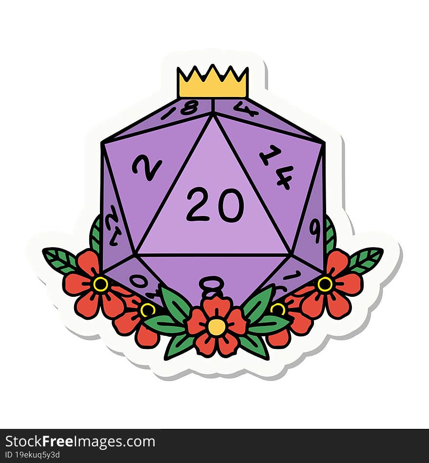 sticker of a natural 20 D20 dice roll with floral elements. sticker of a natural 20 D20 dice roll with floral elements