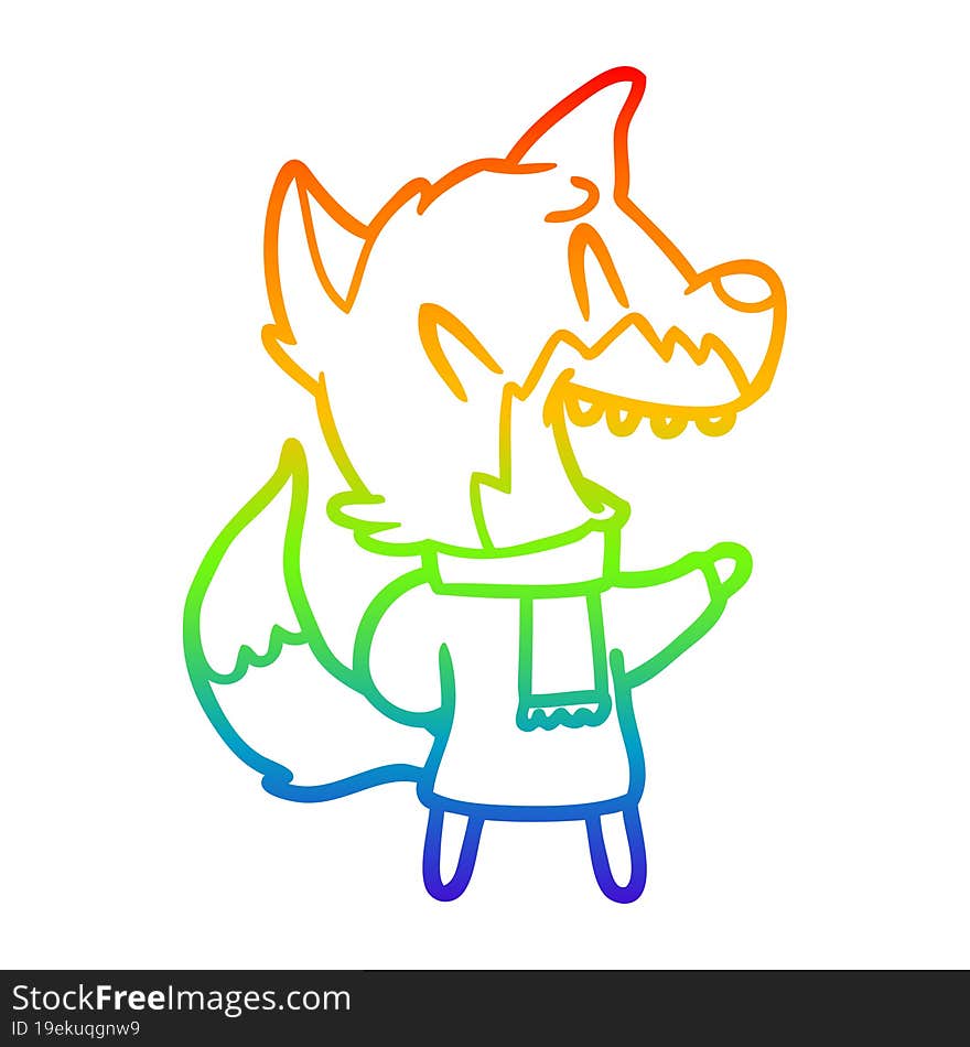 rainbow gradient line drawing of a laughing fox wearing winter clothes