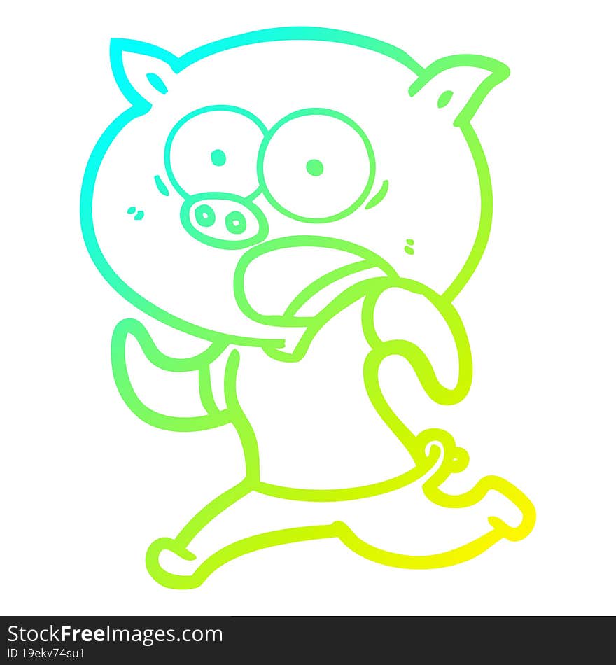 cold gradient line drawing of a cartoon pig running away