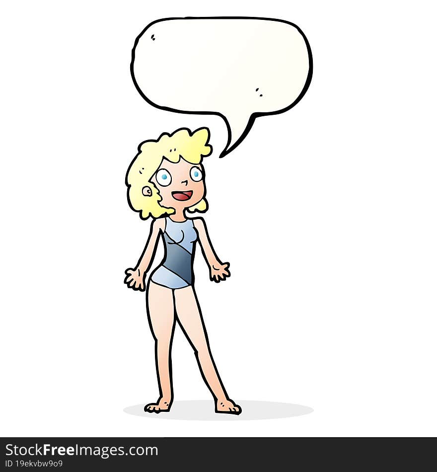 cartoon woman in swimming costume with speech bubble