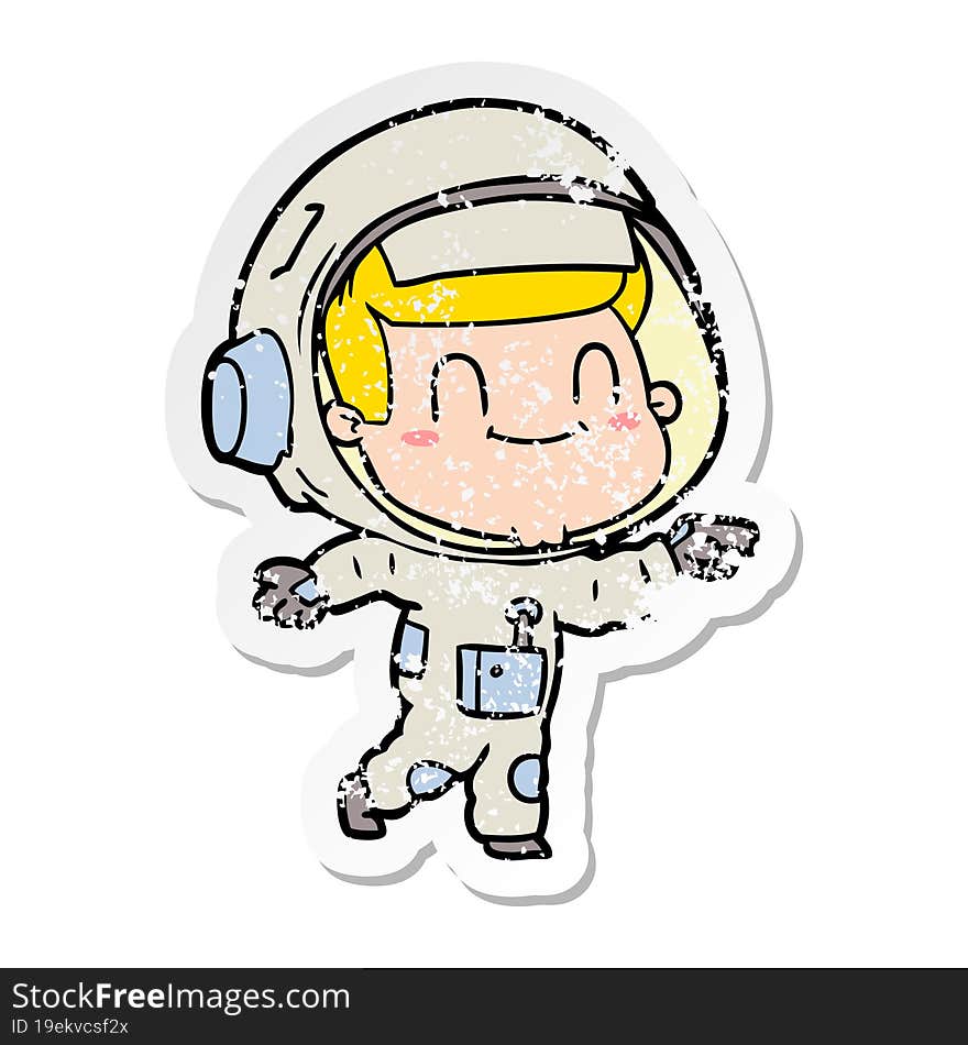 distressed sticker of a happy cartoon astronaut man