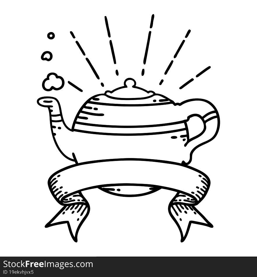 banner with black line work tattoo style steaming teapot