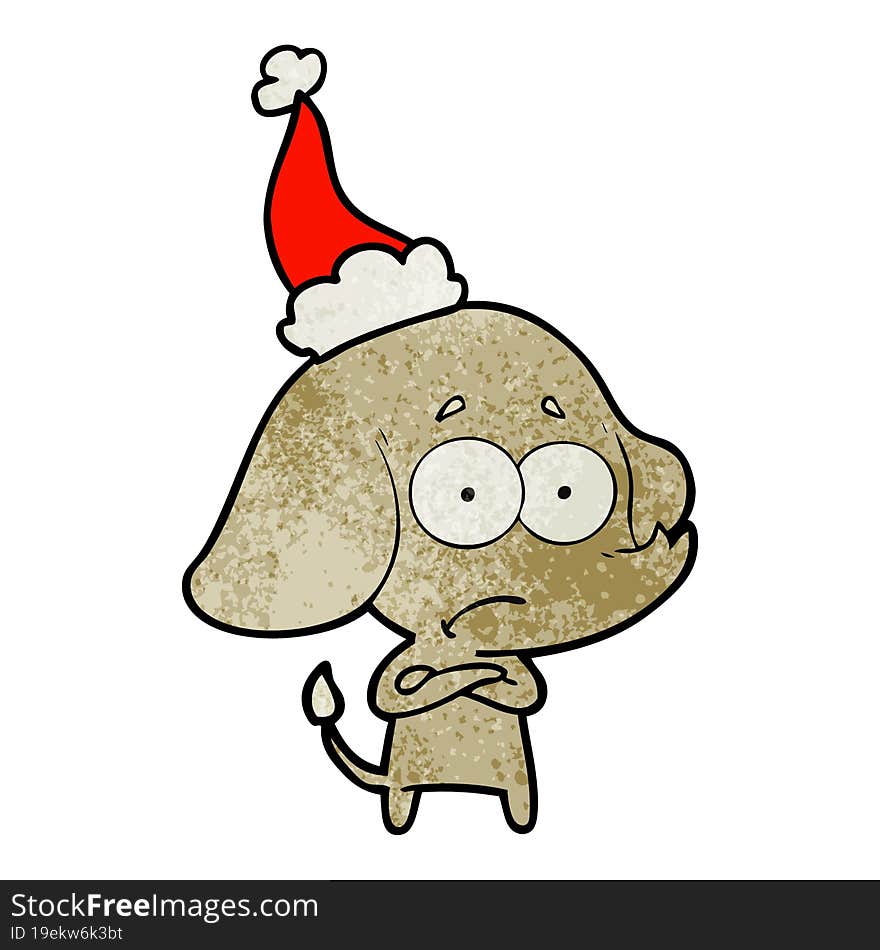 textured cartoon of a unsure elephant wearing santa hat