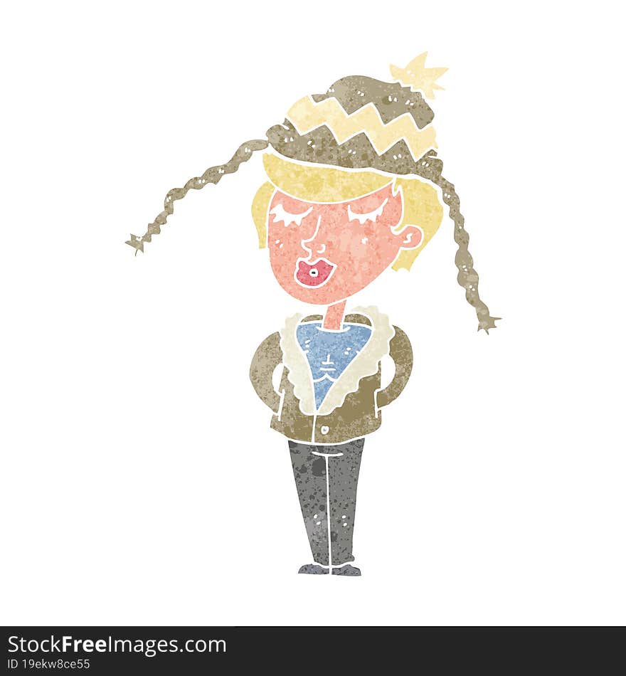 cartoon woman wearing winter hat