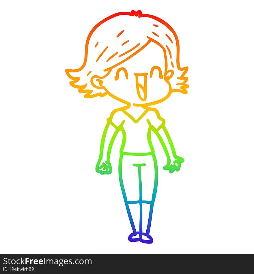 rainbow gradient line drawing of a cartoon happy woman