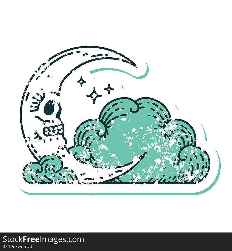 distressed sticker tattoo style icon of a skull crescent moon and clouds