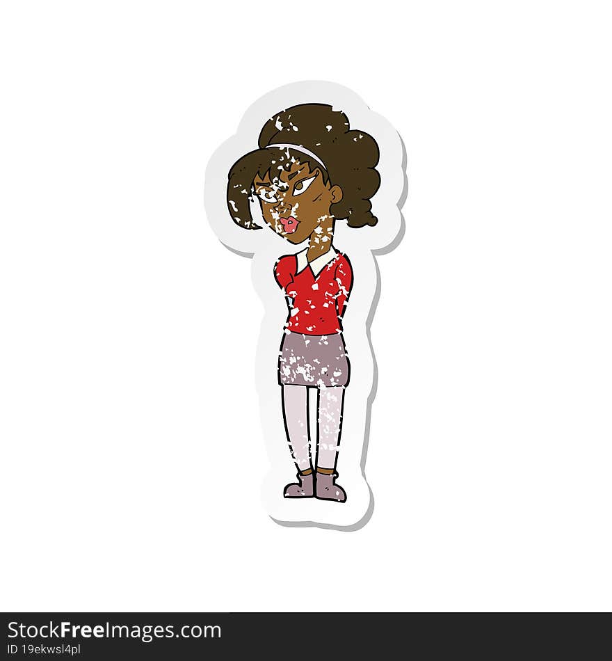 retro distressed sticker of a cartoon pretty girl tilting head