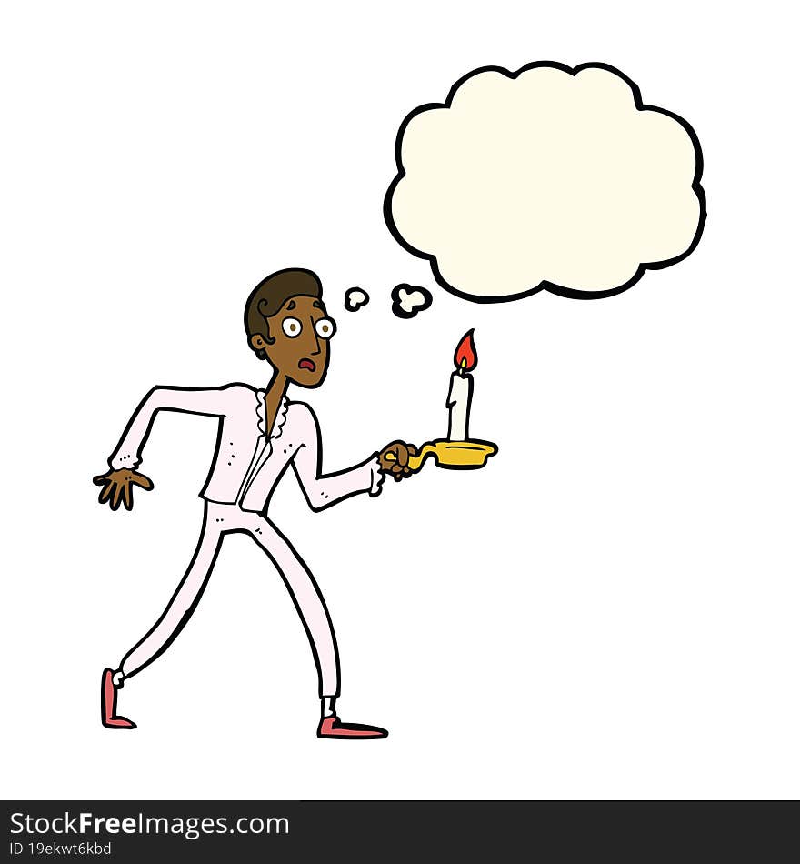 Cartoon Frightened Man Walking With Candlestick With Thought Bubble