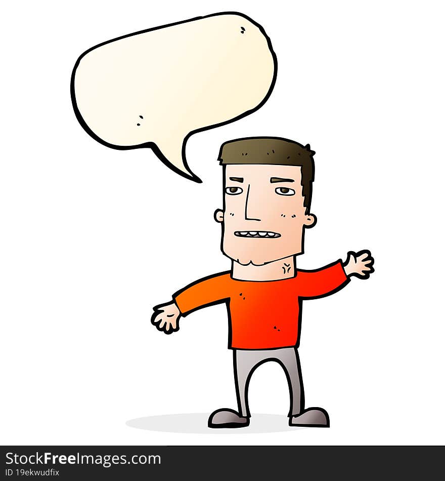 cartoon waving stressed man with speech bubble