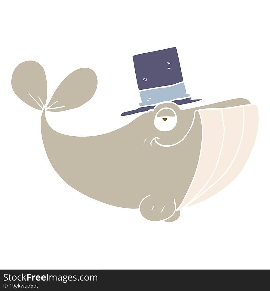 flat color illustration of a cartoon whale wearing top hat