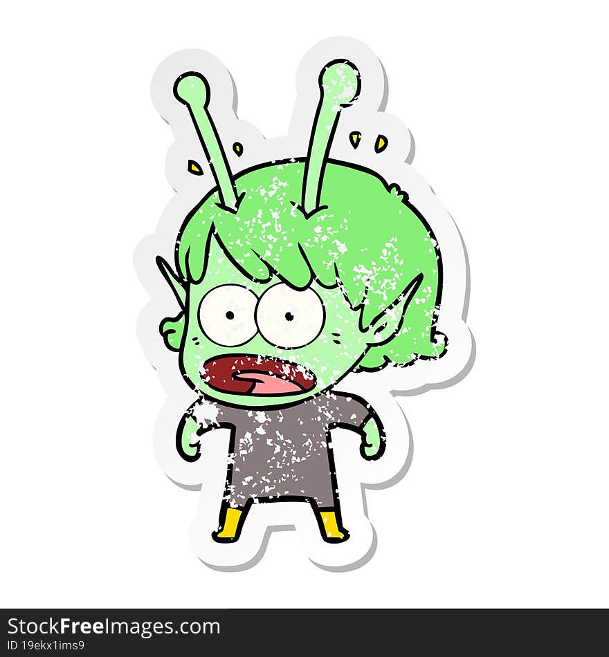 distressed sticker of a cartoon shocked alien girl