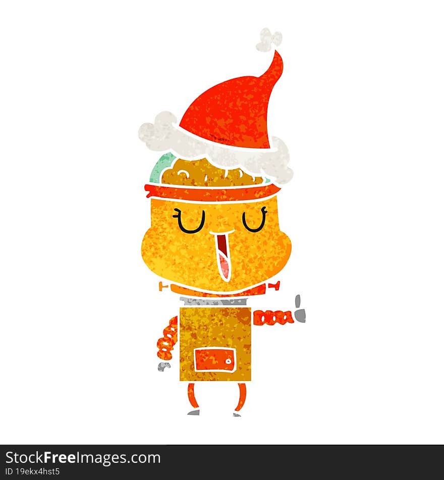 happy retro cartoon of a robot wearing santa hat