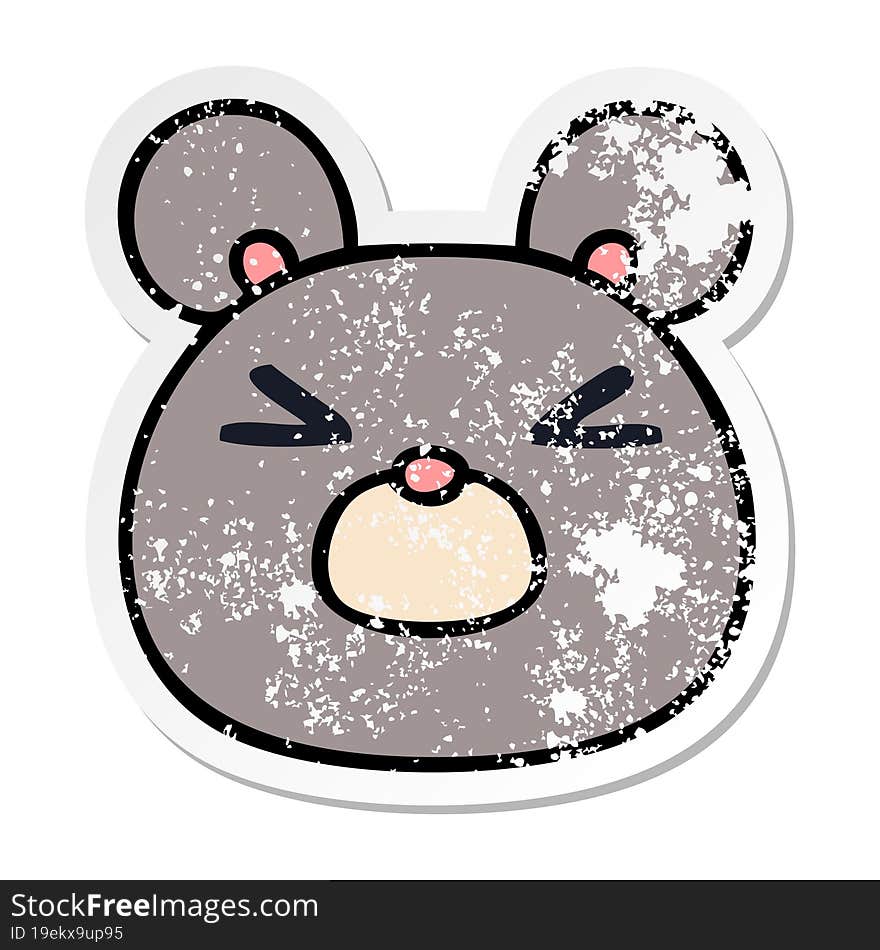 distressed sticker of a quirky hand drawn cartoon mouse face