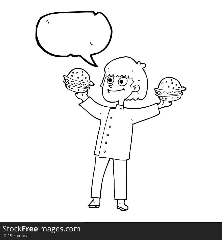 speech bubble cartoon chef with burgers