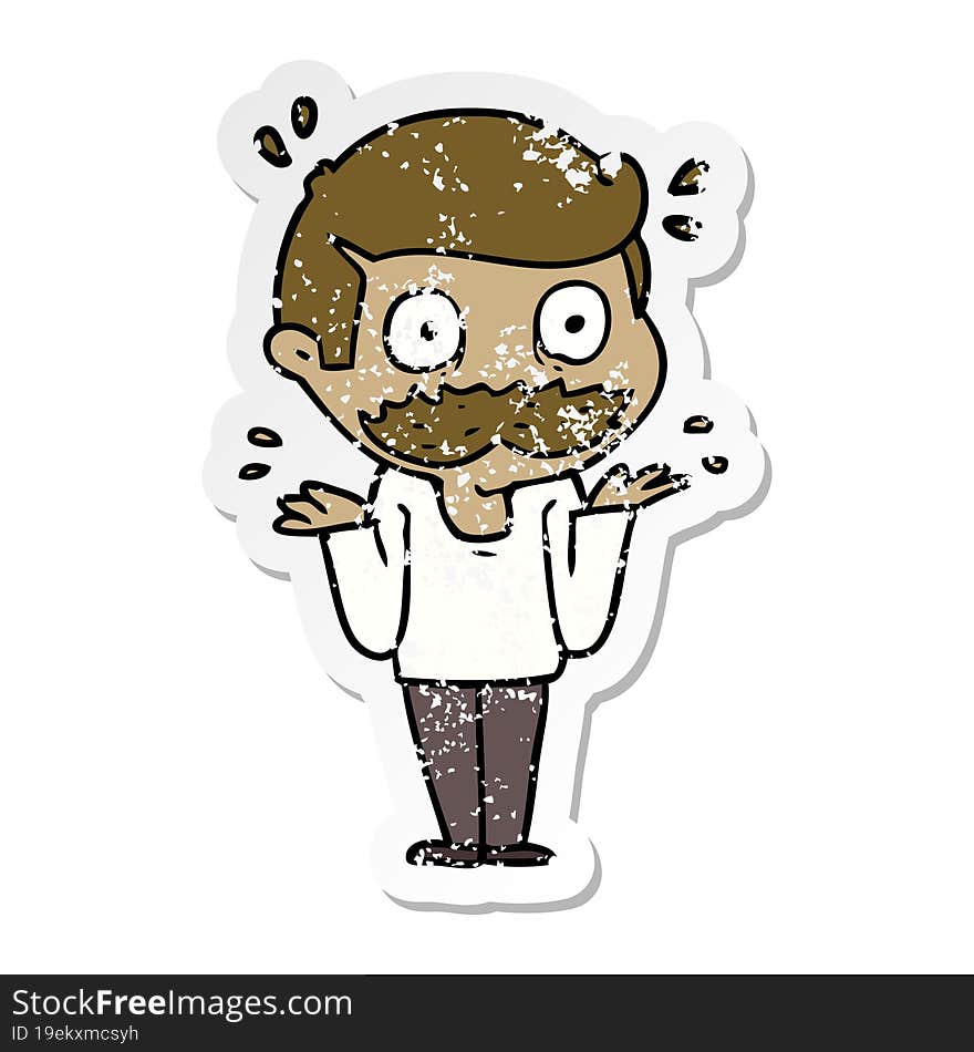 Distressed Sticker Of A Cartoon Man With Mustache Shocked