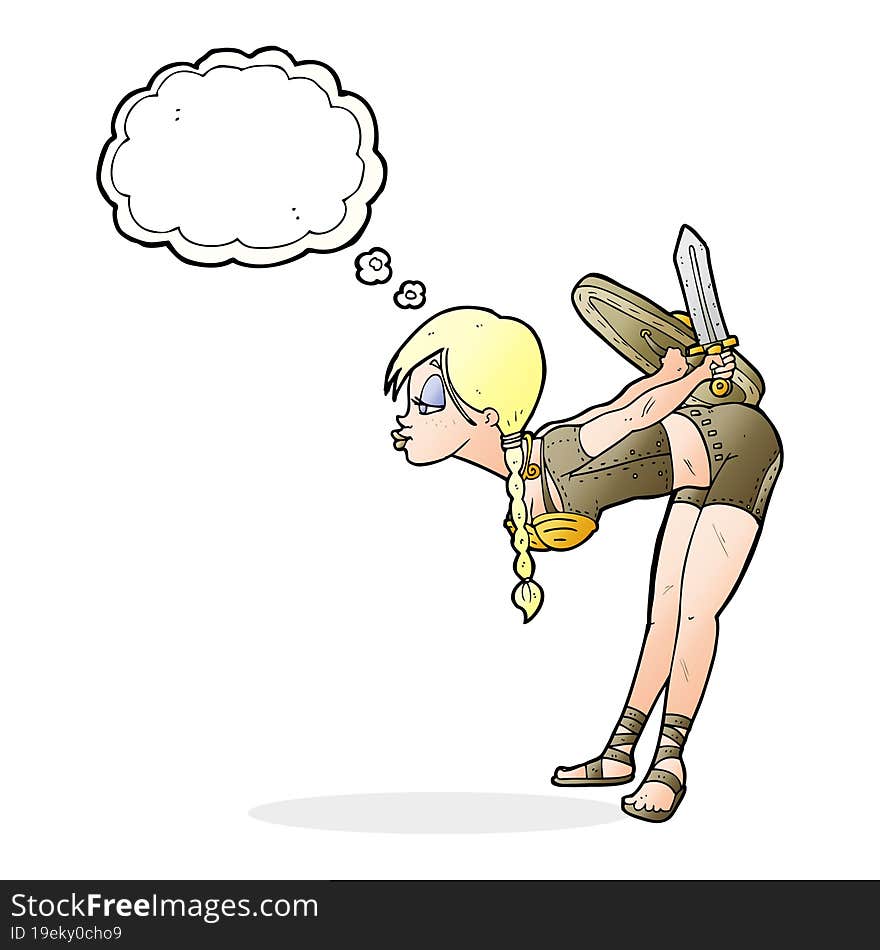 cartoon viking girl bowing with thought bubble