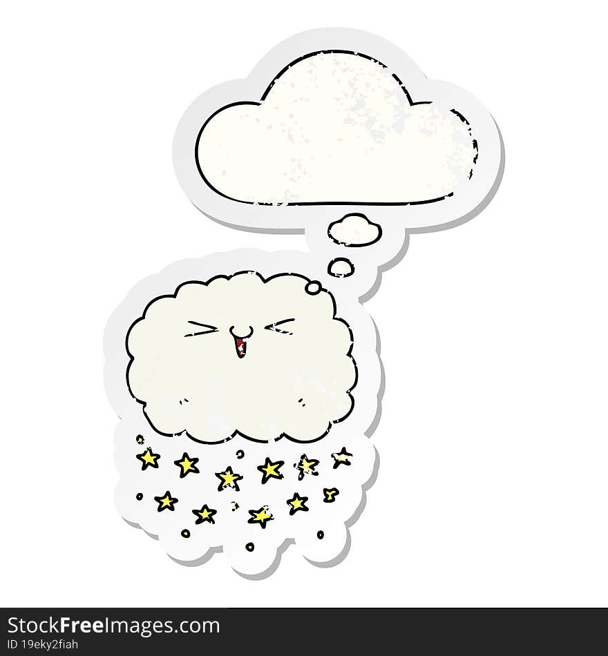 happy cartoon cloud and thought bubble as a distressed worn sticker