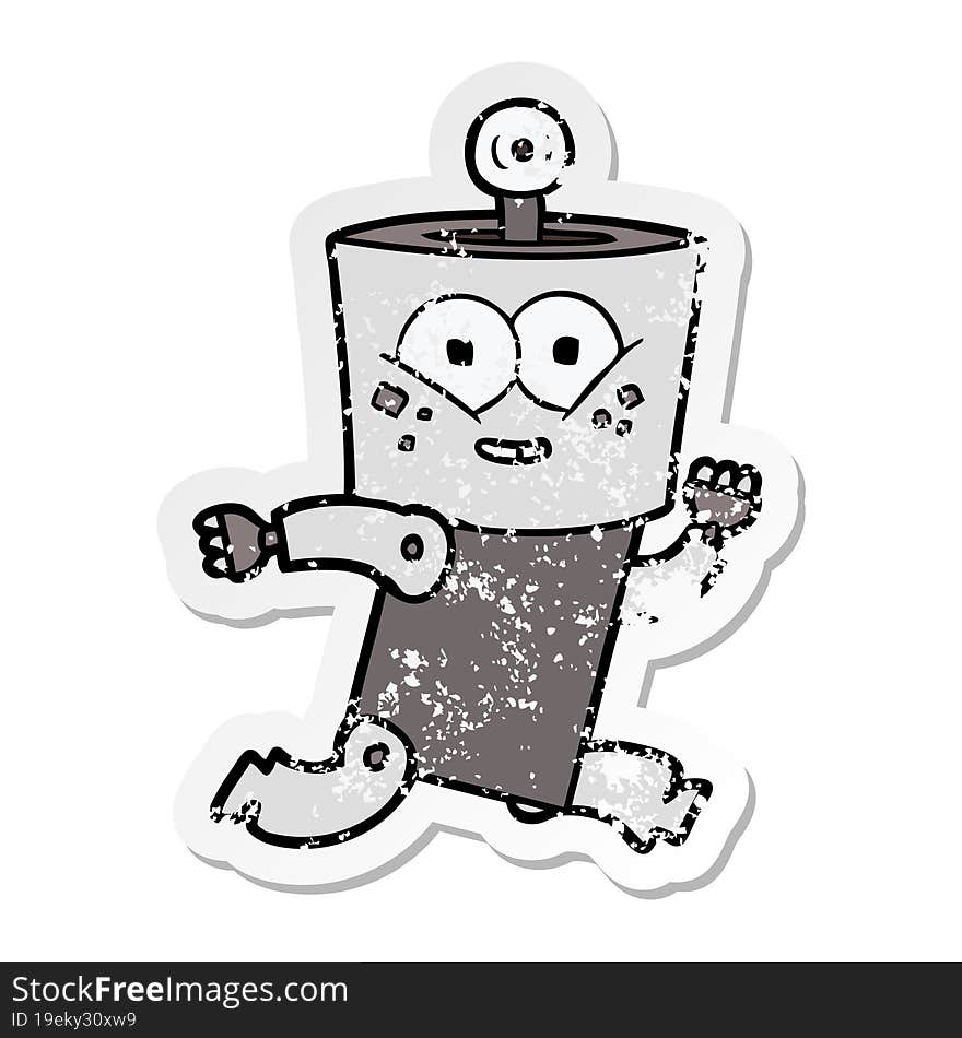 distressed sticker of a happy cartoon robot