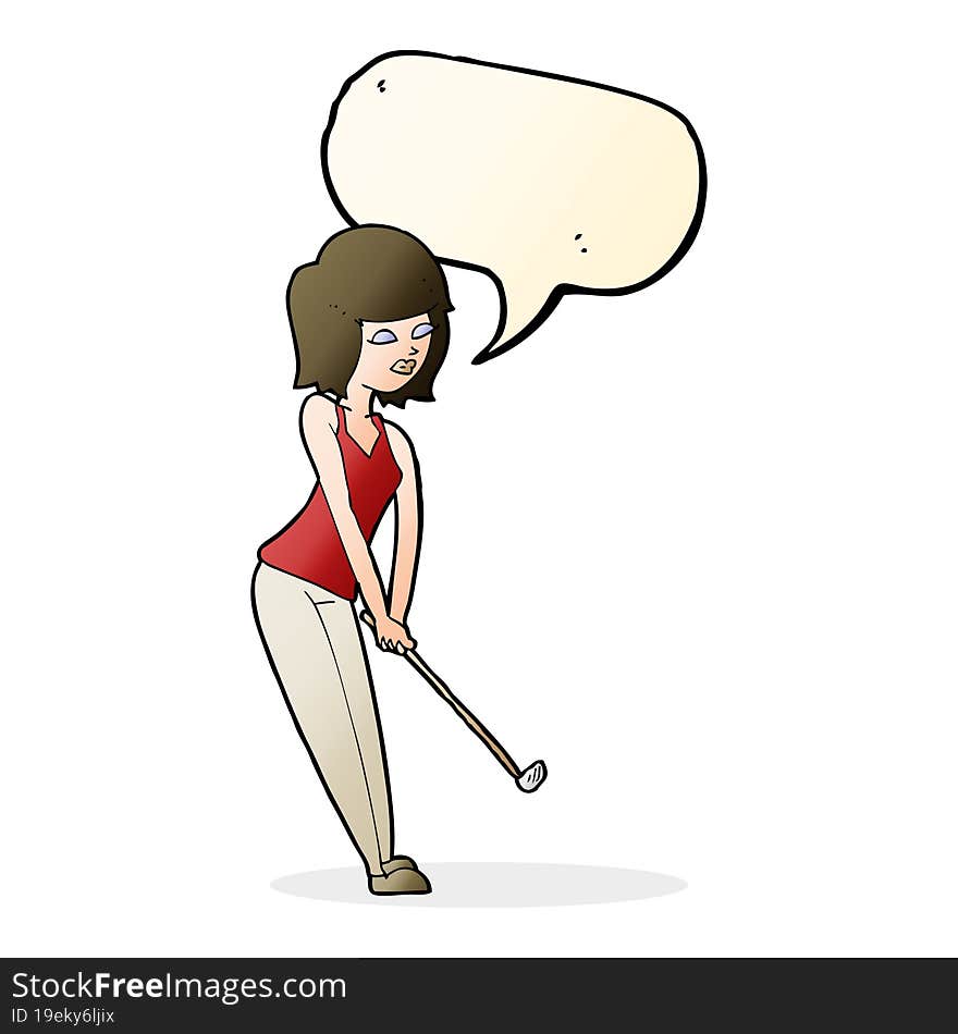 Cartoon Woman Playing Golf With Speech Bubble