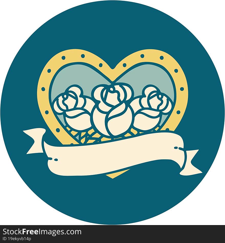 Tattoo Style Icon Of A Heart And Banner With Flowers