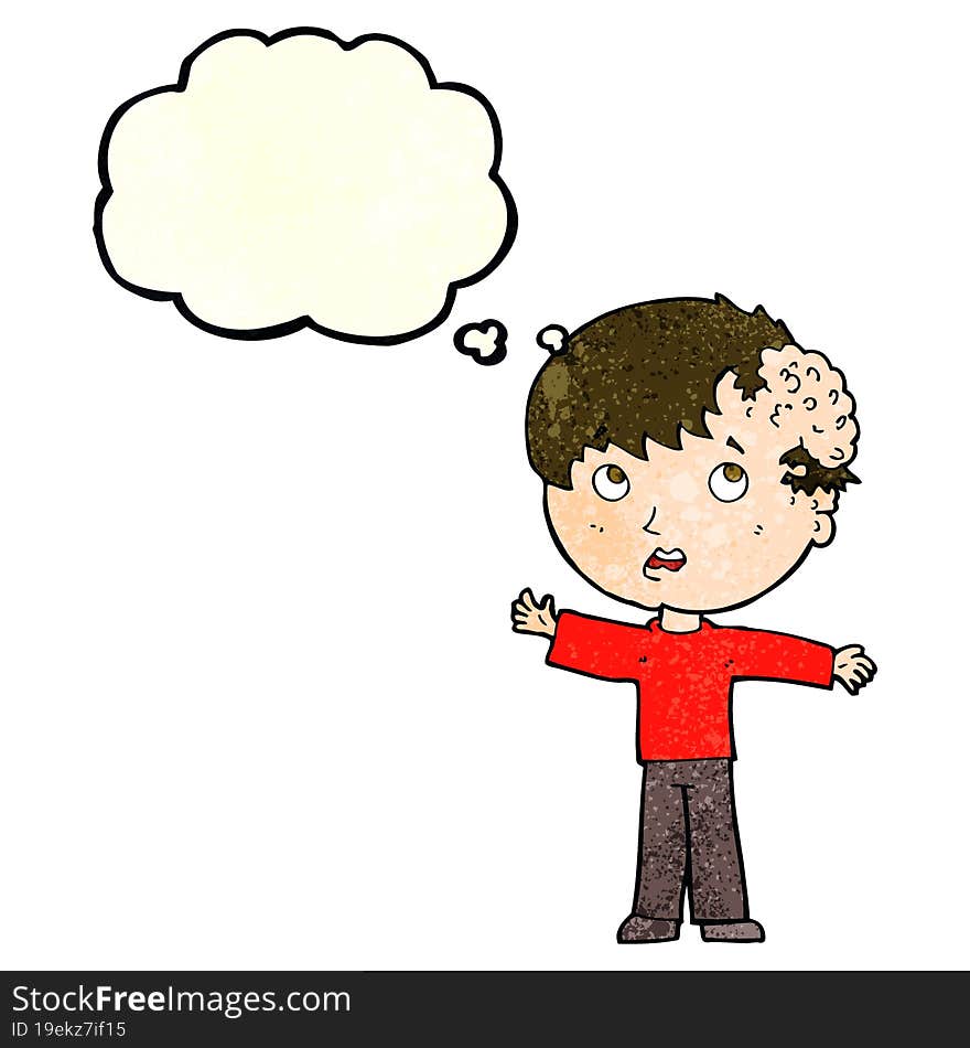 cartoon boy with growth on head with thought bubble