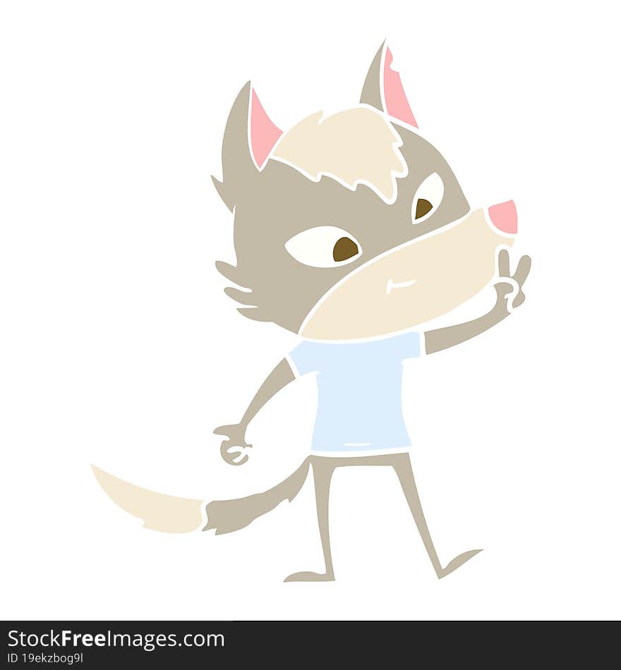 friendly flat color style cartoon wolf giving peace sign