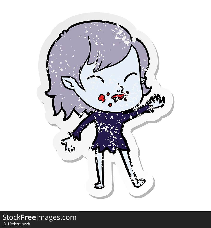 distressed sticker of a cartoon vampire girl with blood on cheek