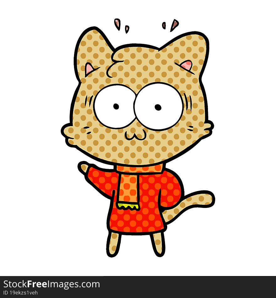 cartoon surprised cat wearing warm winter clothes. cartoon surprised cat wearing warm winter clothes