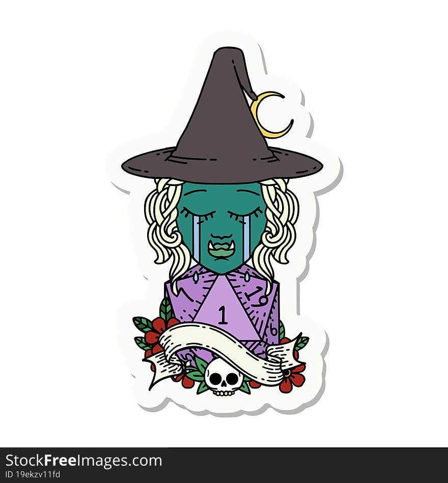 sticker of a crying half orc witch character face with natural one d20 dice roll. sticker of a crying half orc witch character face with natural one d20 dice roll