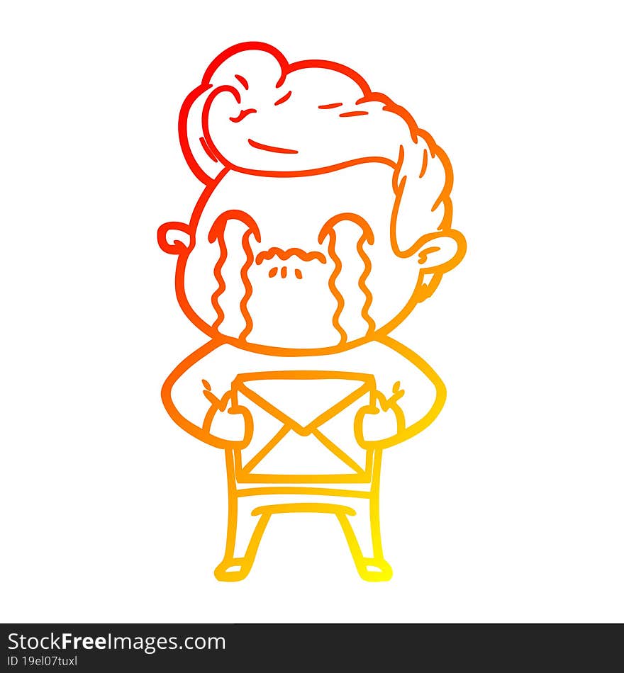 warm gradient line drawing of a cartoon man crying