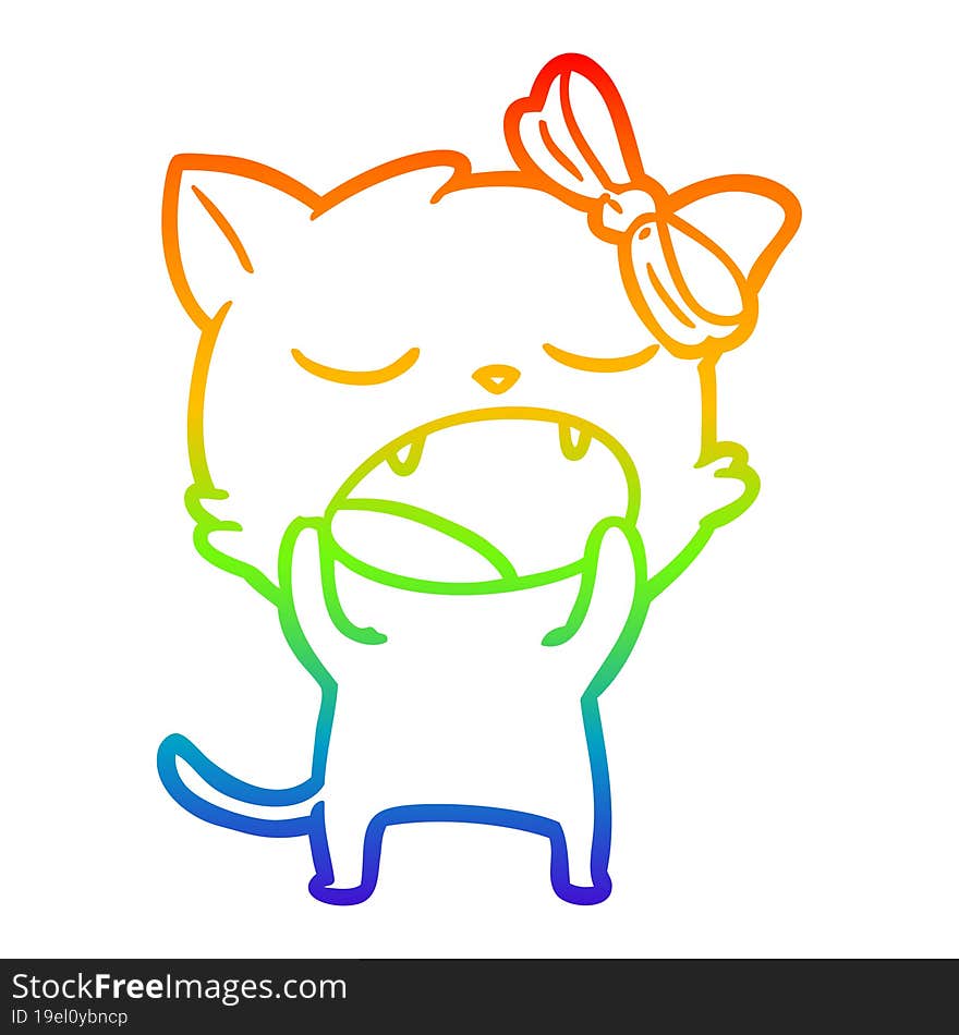 Rainbow Gradient Line Drawing Cartoon Yawning Cat