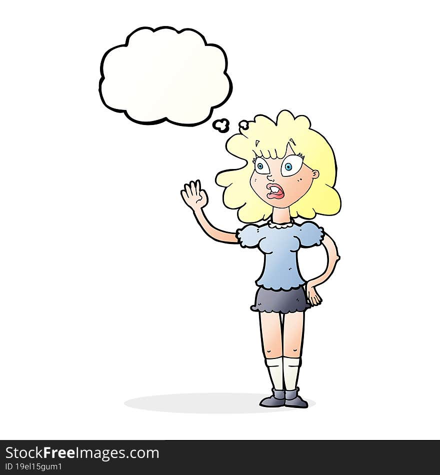 cartoon worried woman waving with thought bubble