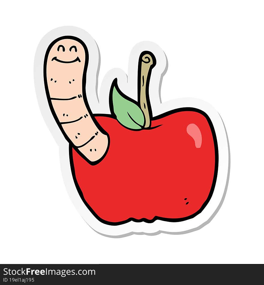 sticker of a cartoon apple with worm