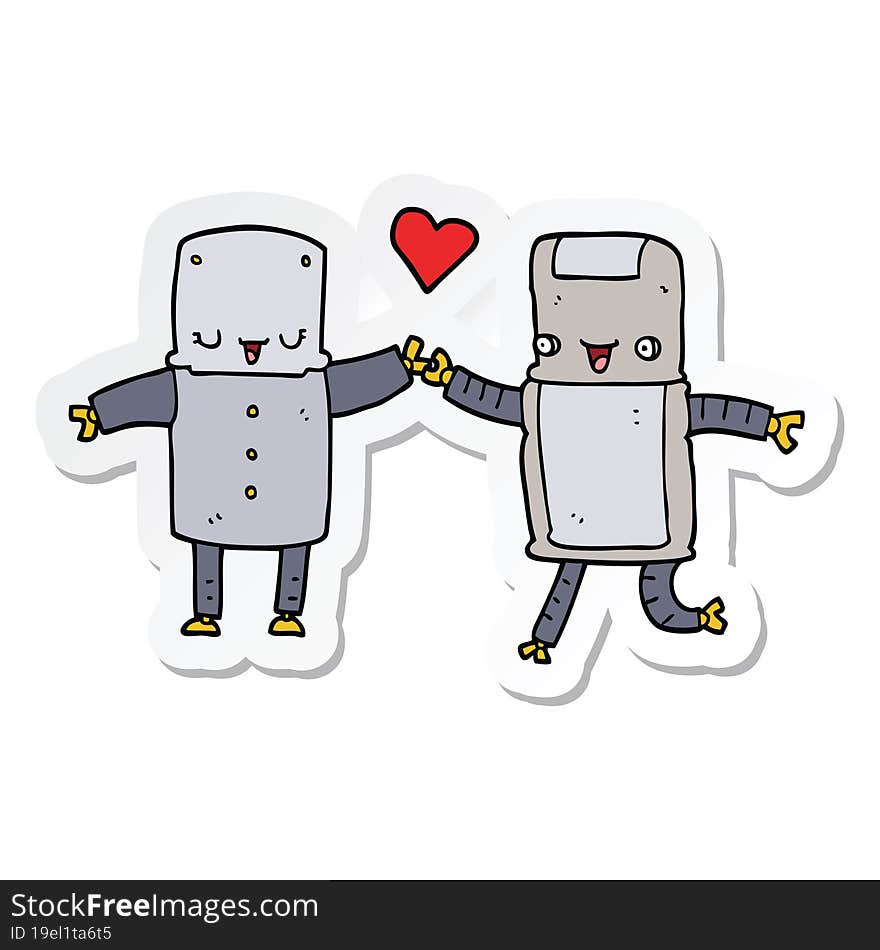 Sticker Of A Cartoon Robots In Love