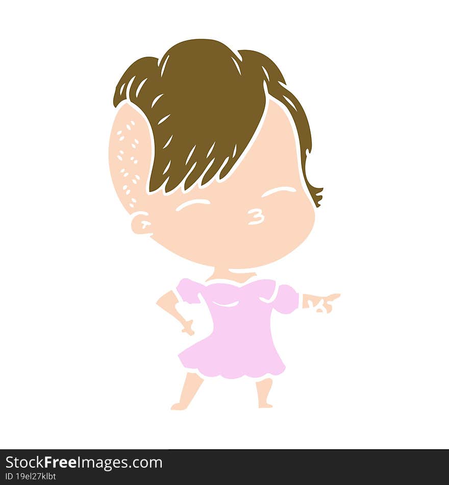 Flat Color Style Cartoon Squinting Girl Pointing