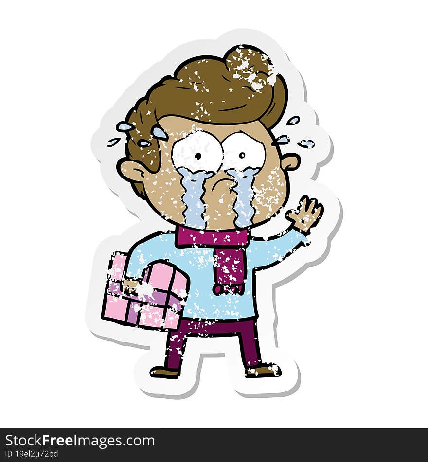 distressed sticker of a cartoon crying man with present