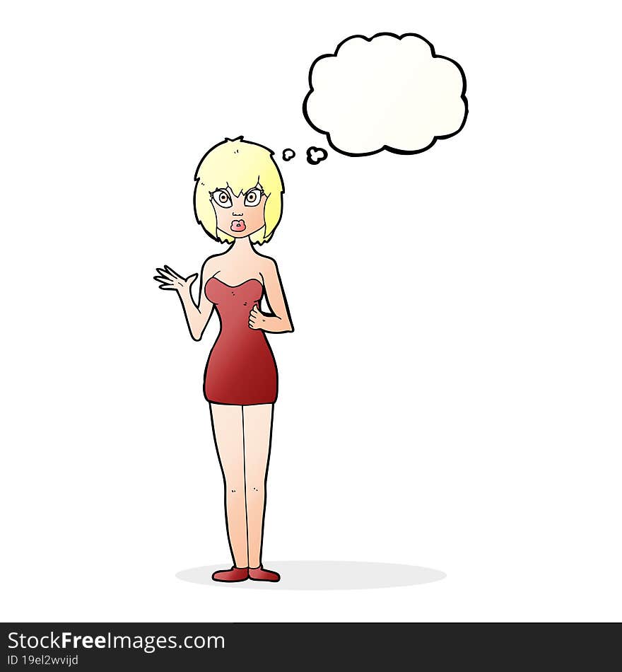 cartoon confused woman in cocktail dress with thought bubble