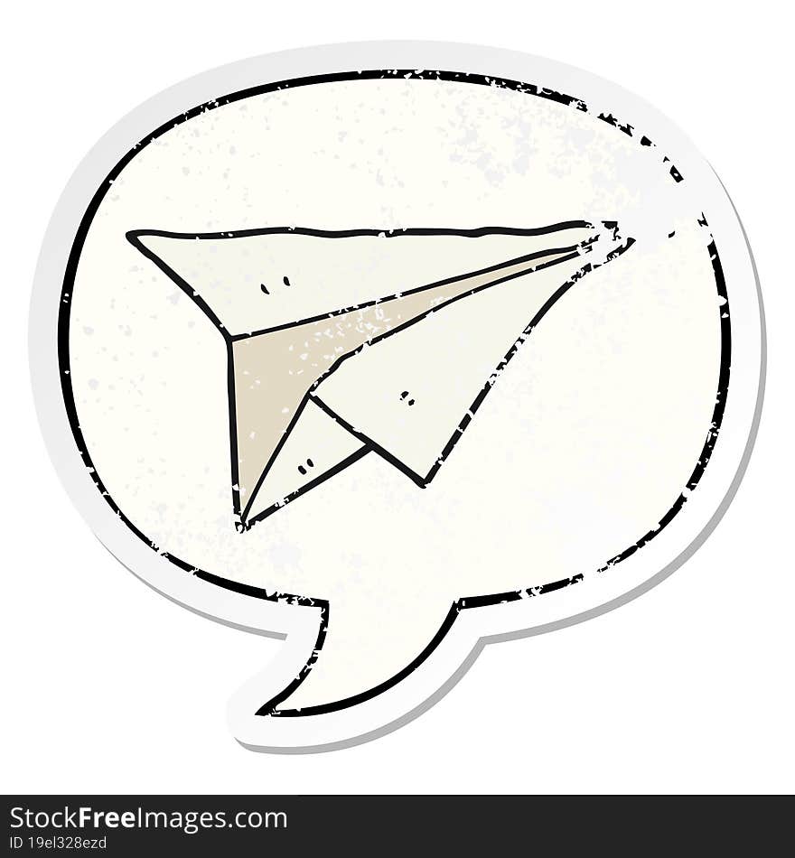 cartoon paper airplane with speech bubble distressed distressed old sticker. cartoon paper airplane with speech bubble distressed distressed old sticker