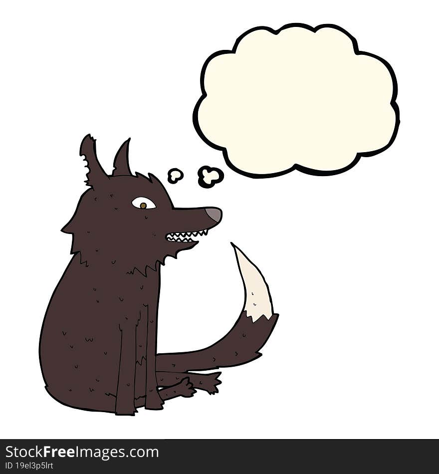 cartoon wolf sitting with thought bubble