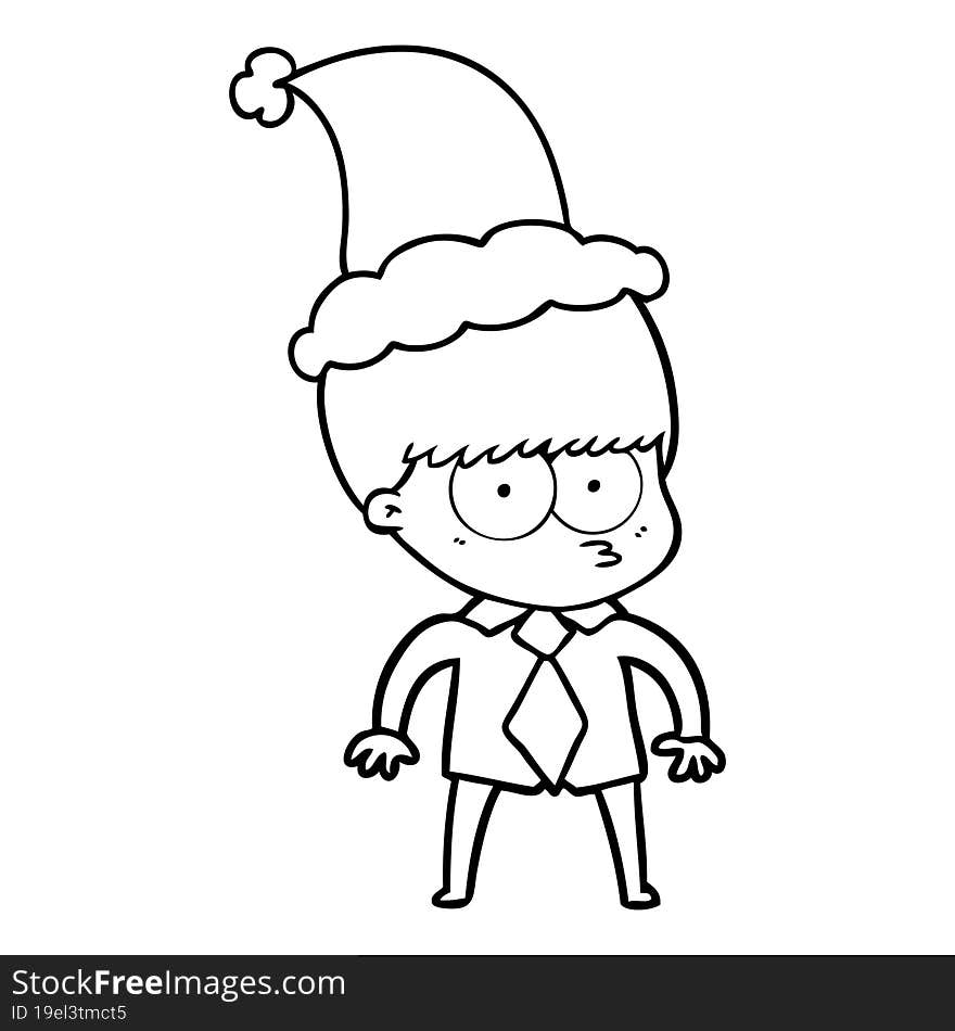 nervous line drawing of a boy wearing shirt and tie wearing santa hat