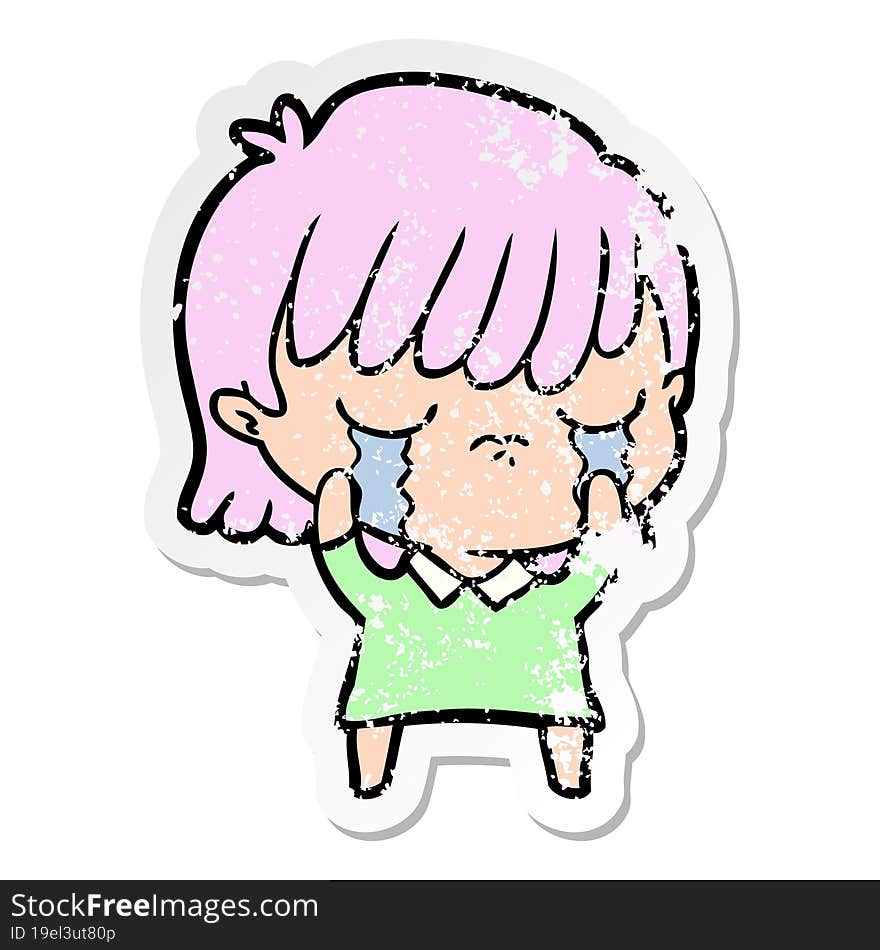 distressed sticker of a cartoon woman crying