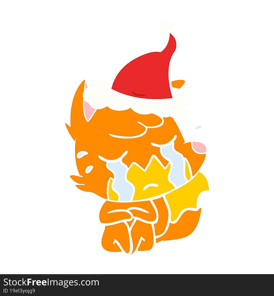 Crying Fox Flat Color Illustration Of A Wearing Santa Hat